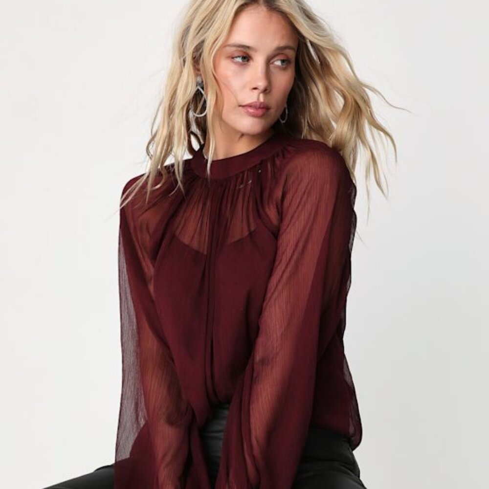 Lulus Angelically Airy Burgundy Balloon Sleeve Top Red - Size L